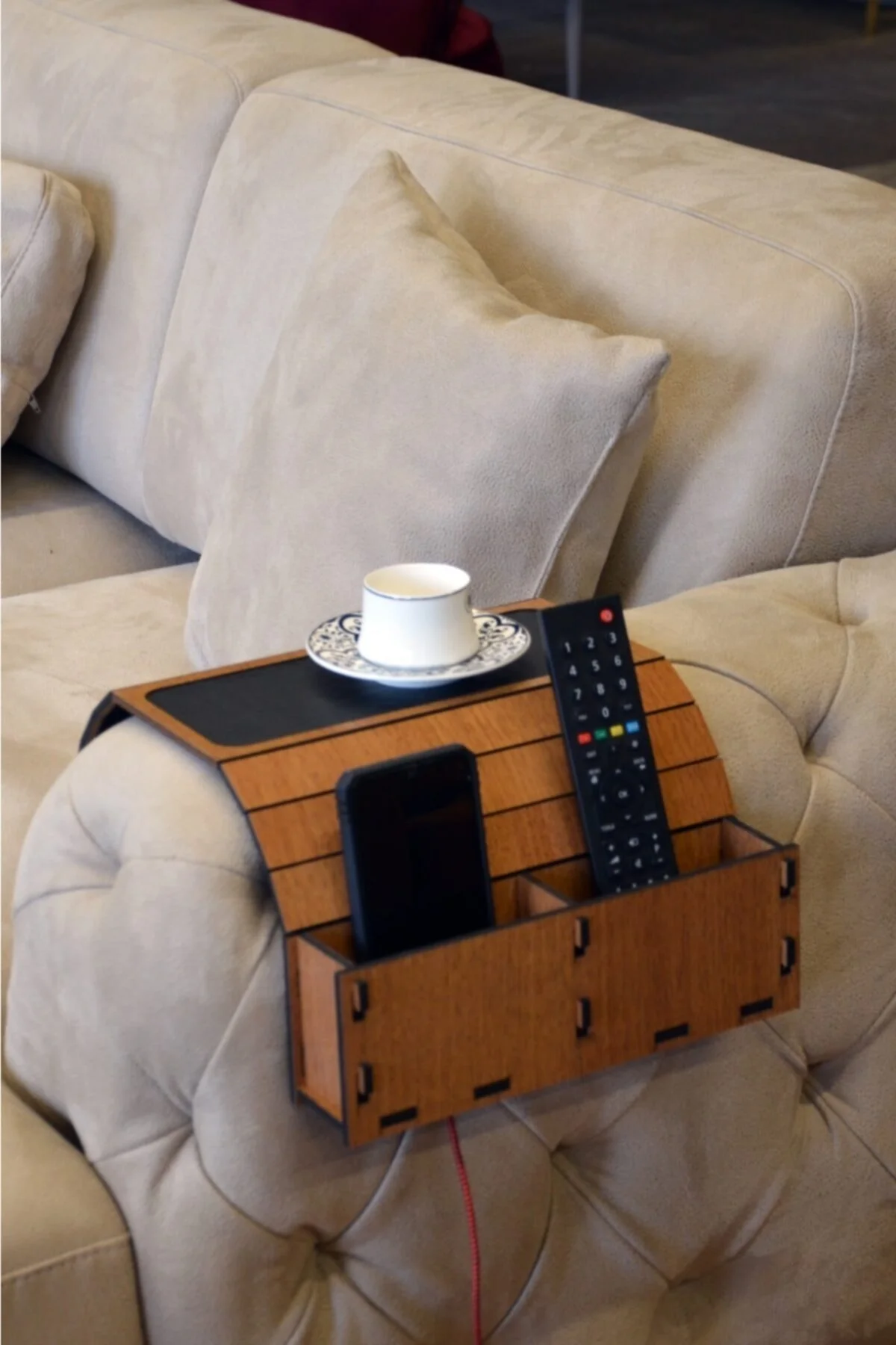 ARKITEKT EX Sofa Tray Table Remote Control And Cellphone Organizer Arm Rest Holder With Pockets Fits Over Square Chair Arms