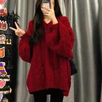 Versatile V-Neck Cable Knit Sweater Soft Supple Top Korean Style Spring Autumn Outerwear Thick Warm Winter Knit Top