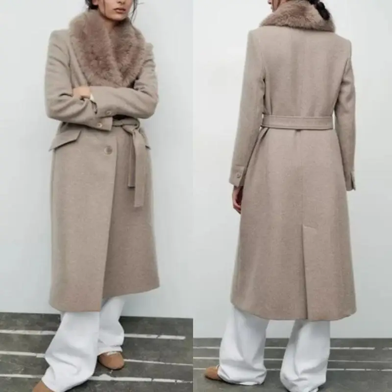 New Women's High-End Fake Fur Collar Long Coat with Belt Elegant Commute Style Straight Cut Long Sleeve Winter Outerwear