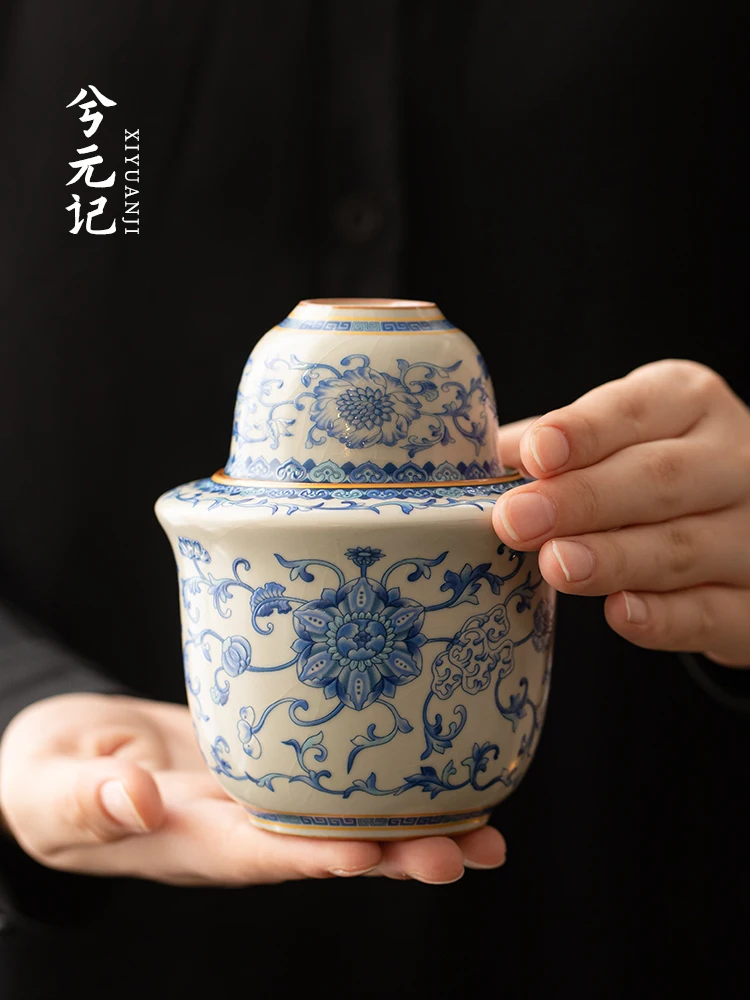 Calentador de Vino de Cerámica Azul y Blanca Estilo Ru, Jarra para Calentar Licores, Olla para Calentar Vino, Juego de Tazas Amarillas para Sake