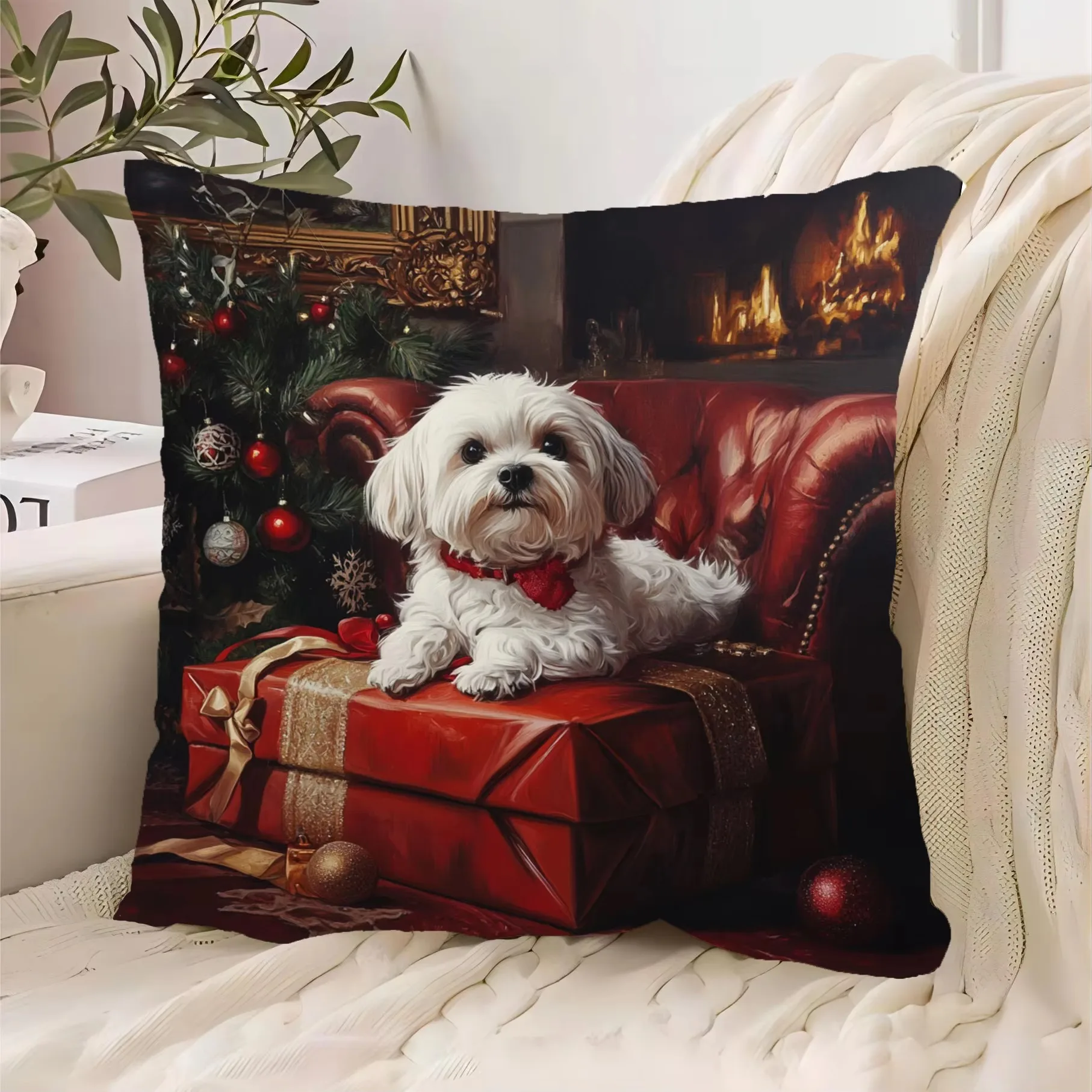 Christmas Cute Maltese Puppy Pillow Cover, Double Sided Soft Polyester Print for Sofa Bedroom Living Room New Year Home Decor