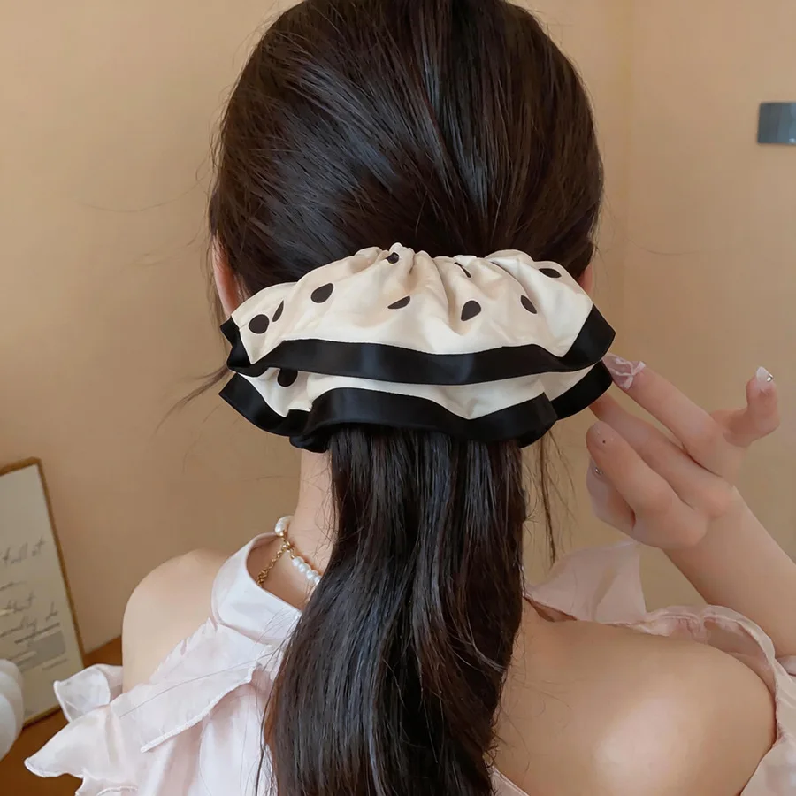 Black White Satin Polka Dot Hair Ties Imitation Pearl Lace Ruffle Bow Scrunchies for Women French Sweet Hair Accessory Daily M view 3