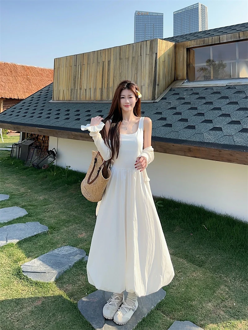 

Kumikumi French Style High Waist Bouffant Skirt Dress Women's Simple Design Square Collar Strapless Moon White Spring Dress