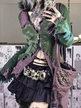 빈티지 스트리트 프린트 터틀넥 스웨터 Mujer Y2k 슬림 피트 지퍼 니트 탑 여성 봄 Aurumn 새로운 긴 소매 카디건