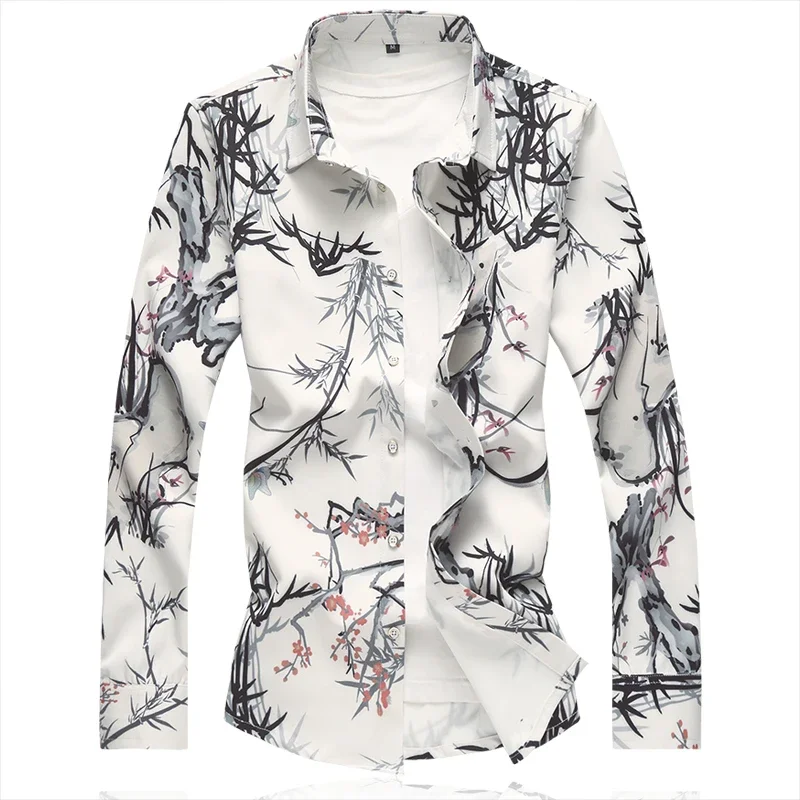 

White Men's Long Sleeve Printed Shirt, Asian Size M-5XL 6XL 7XL , Single Breasted Slightly Stretchable Lapel Flower Shirts,