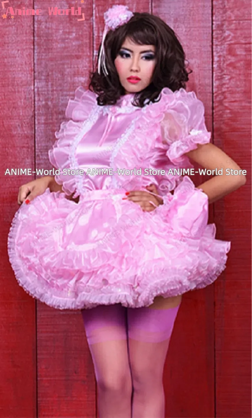 《Tamaño personalizado》Vestido Sissy con cerradura Rosa Azul Satén Organza Cuello medio Encaje Puff Mangas abullonadas Delantal con cinturón Encanto de sirvienta Halloween