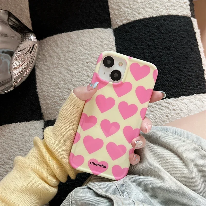 Cute Love Heart IMD Phone Case for iPhone 16 15 14 13 12 11 Pro Max XS XR XSMax 6 7 8 Plus Glossy HD Hard PC Cover