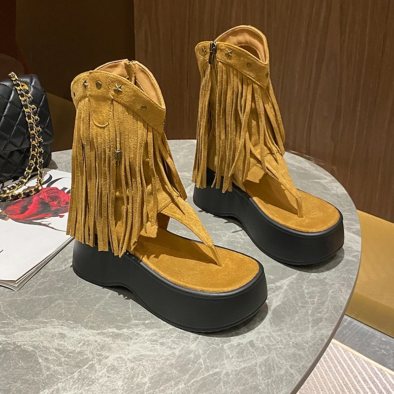 2024 Chunky Heels Sandals Punk High-Top Tassels Shoes Women Open Toe Platform Wedge Heels Summer Sandale  Femme