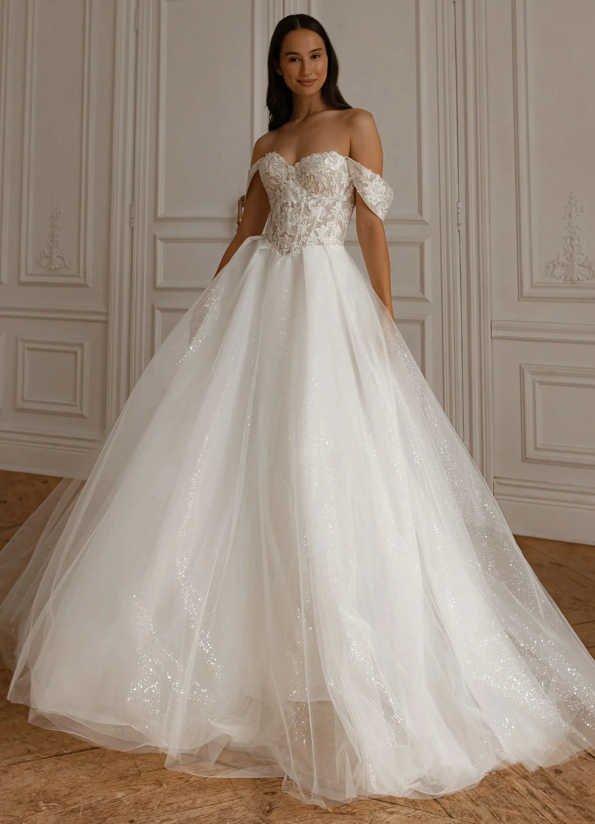 

Off the Shoulder Lace Tulle Wedding Dresses Sweetheart Appliques Glitter Basque Long Prom Dress Luxurious Bridal Marriage Gowns