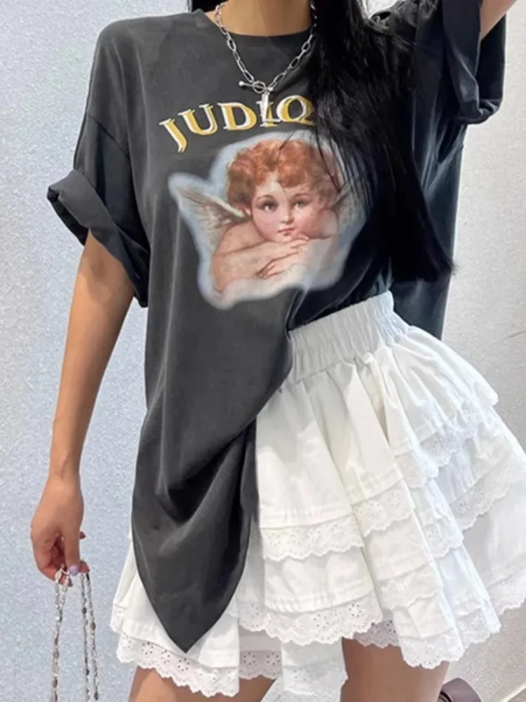 الكورية الحلو تنورة صغيرة الأبيض الدانتيل كشكش كعكة التنانير عالية الخصر ألف خط نفخة تنورة قصيرة المرأة لطيف Kawaii ملابس الصيف 2025