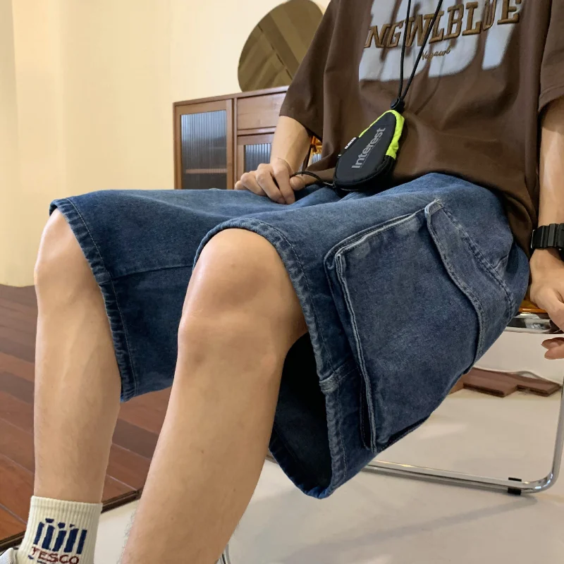 Vintage Cargo Trousers Summer New Men's Spliced Elastic Mid Waist Drawstring Pockets Fashion Loose Sweatpants Jeans Shorts