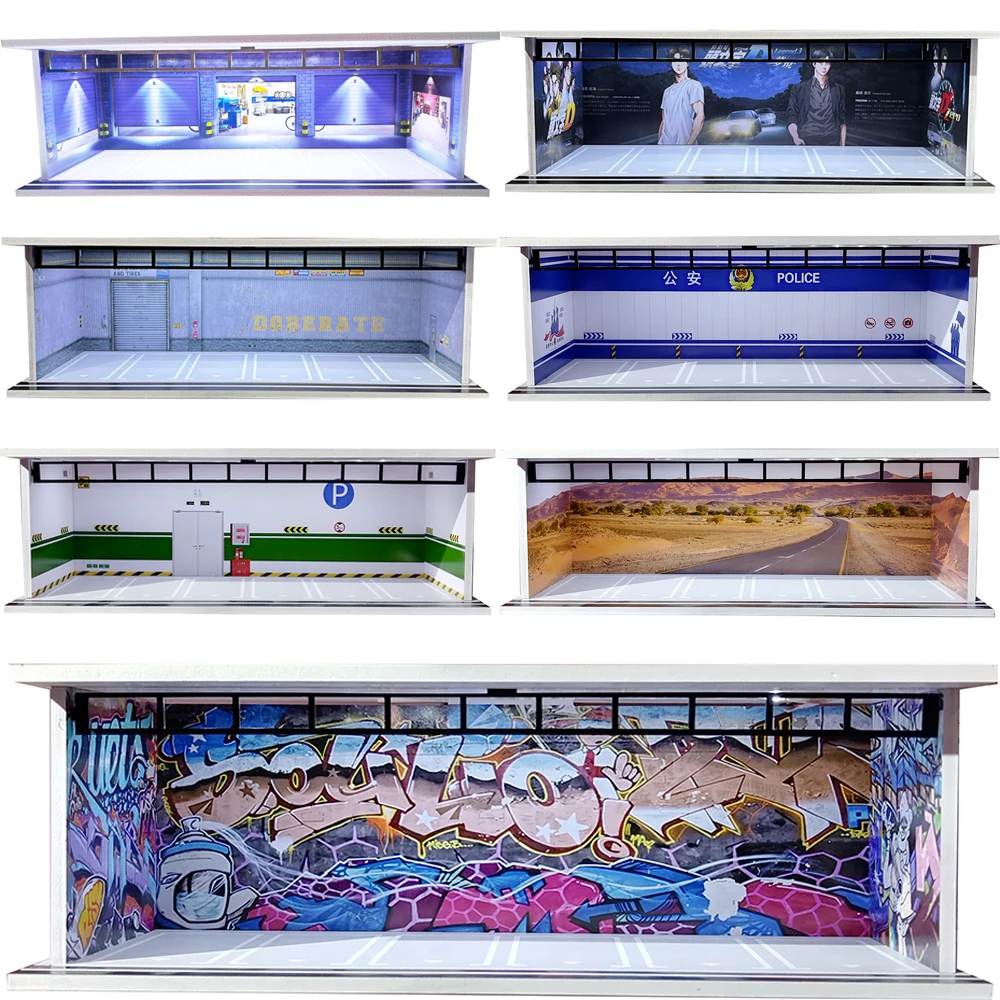 1:64 Scale DIY Garage Diorama with LED Lights - Assembled Car Display Case & Parking Scene for Diecast Models