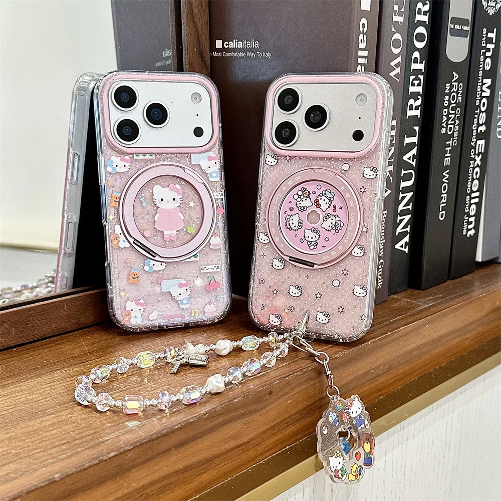 Cute Cartoon HelloKitty Glitte Phone Case for iPhone 17 16 15 Pro 15 16 Max 17 Pro Max Cover With Rotate Stand Chain Cases Funda