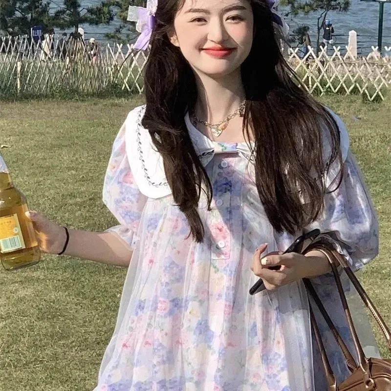 Plus Size 5XL 140KG Summer Floral Mesh Dress Short Sleeve Bow Collar Loose Waist Female Oversized Party Evening Dress