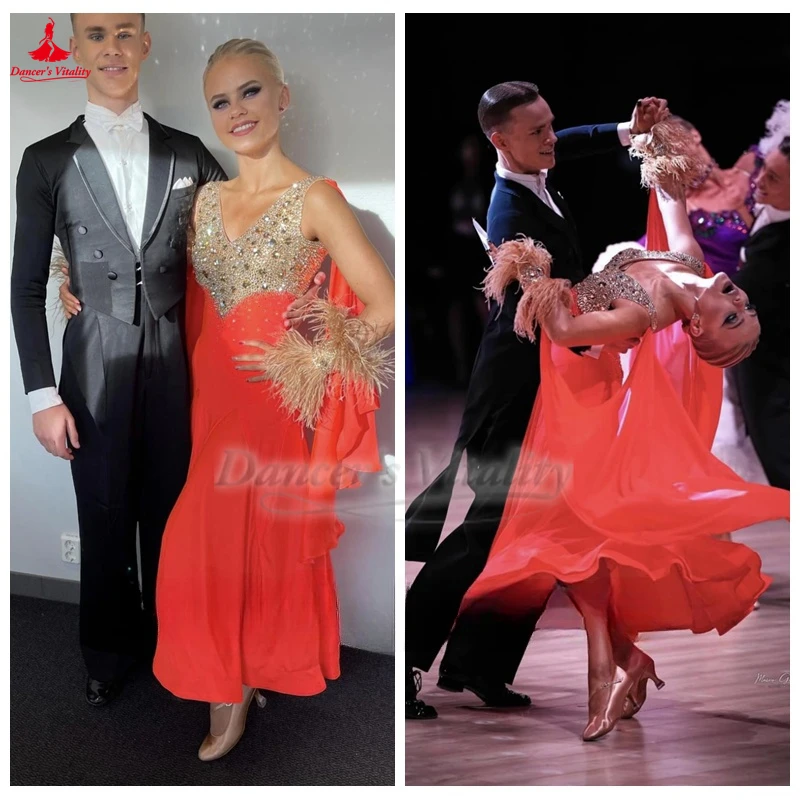 Weense wals oranje mouwloze grote swingjurken met V-hals voor volwassenen sociale dansvoorstellingen en wedstrijdkleding maatwerk