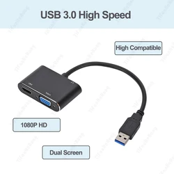 3in1 USB 3.0 to HDMI-compatible VGA Converter Dual Output  To VGA HD 1080P Adapter Cable For Notebook Projector Monitor