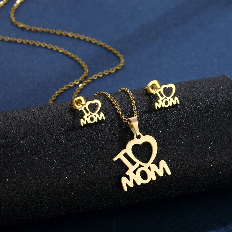 Orecchini con collana con lettera MAMA color oro in acciaio inossidabile Set Cuore d\'amore Mamma Figlia Figura Set di gioielli Regalo per la festa