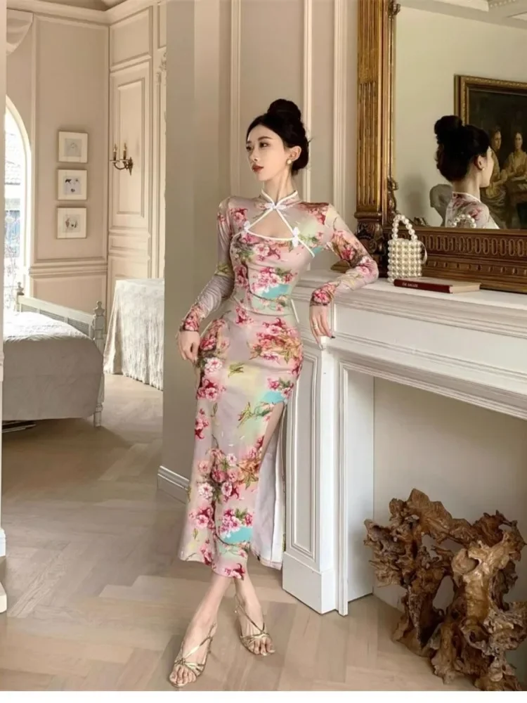 150kg 5XL tamaño grande Vintage Cheongsam chino estampado alto Split ceñido al cuerpo Maxi vestido de talla grande manga larga Qipao Vestidos largos