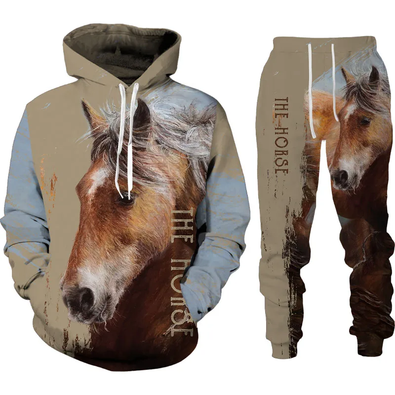 Outono inverno 3d cavalo impresso masculino com capuz conjunto de roupas esportivas masculinas de manga longa terno