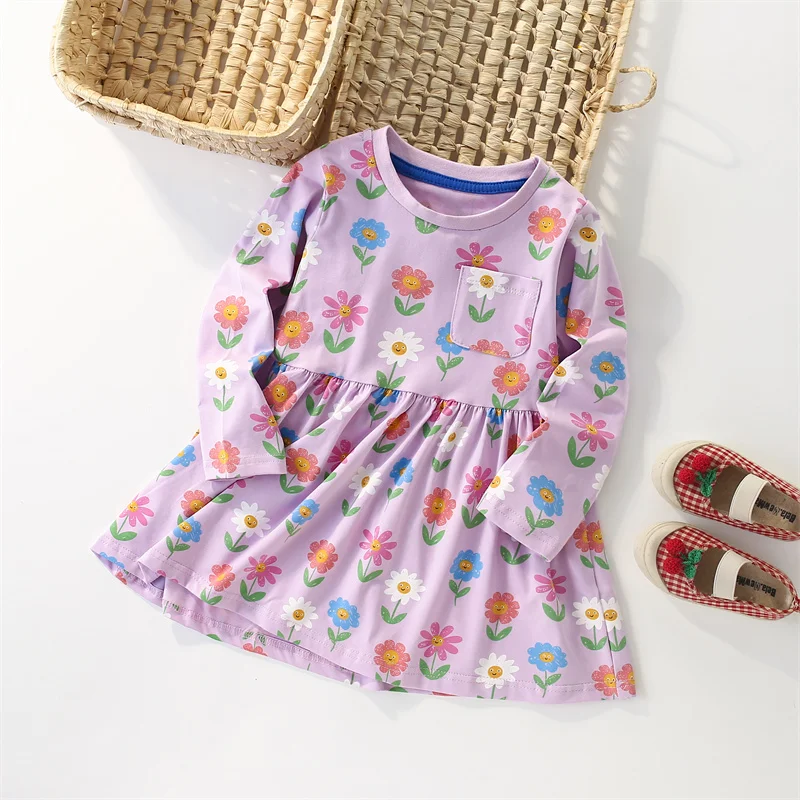 Jumping Meters 2-7T Kids Long Sleeve Princess Girls Dresses Flowers Print Autumn Spring Hot Selling Birthday Party Dresses