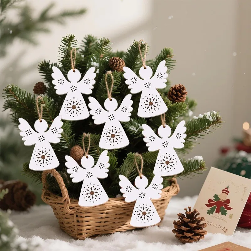 10 قطع من زخارف الملاك الخشبية، زينة شجرة عيد الميلاد، ديكور المنزل، مجموعة الحرف اليدوية المعلقة، مشروع الطلاء بنفسك