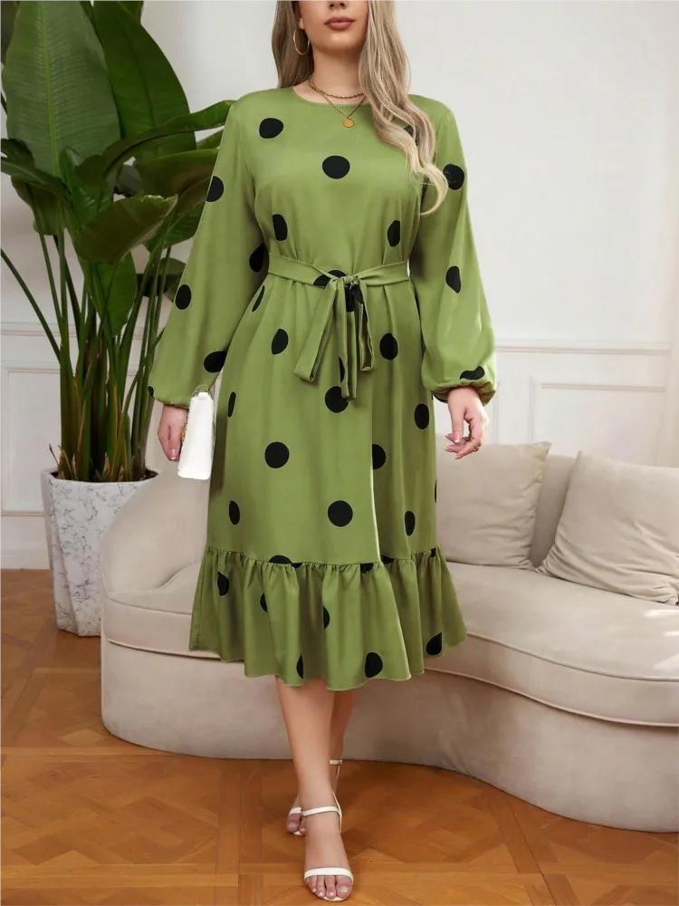 Plus Size Autumn Polka Dot Print Midi Dress Women Ruffle Pleated Loose Fashion Long Sleeve Ladies Dresses Slim Waist Woman Dress