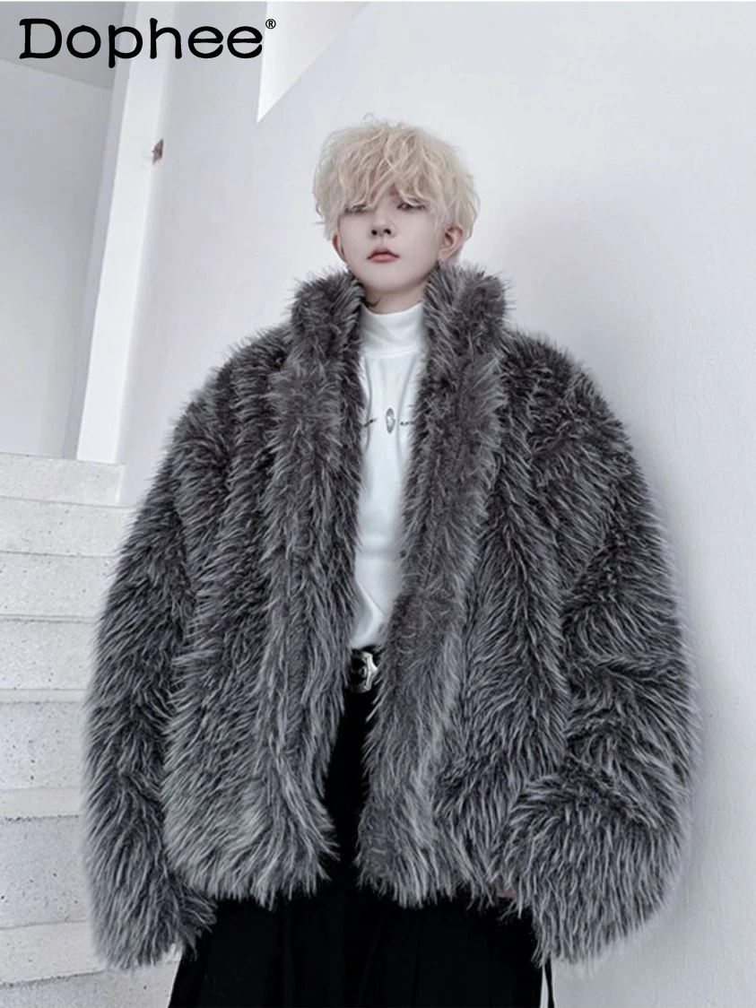 

2024 Men's Autumn Winter New High-end Faux Fur Stand Collar Hidden Button Loose Plush Thickened Warm Fur Cotton-padded Coats