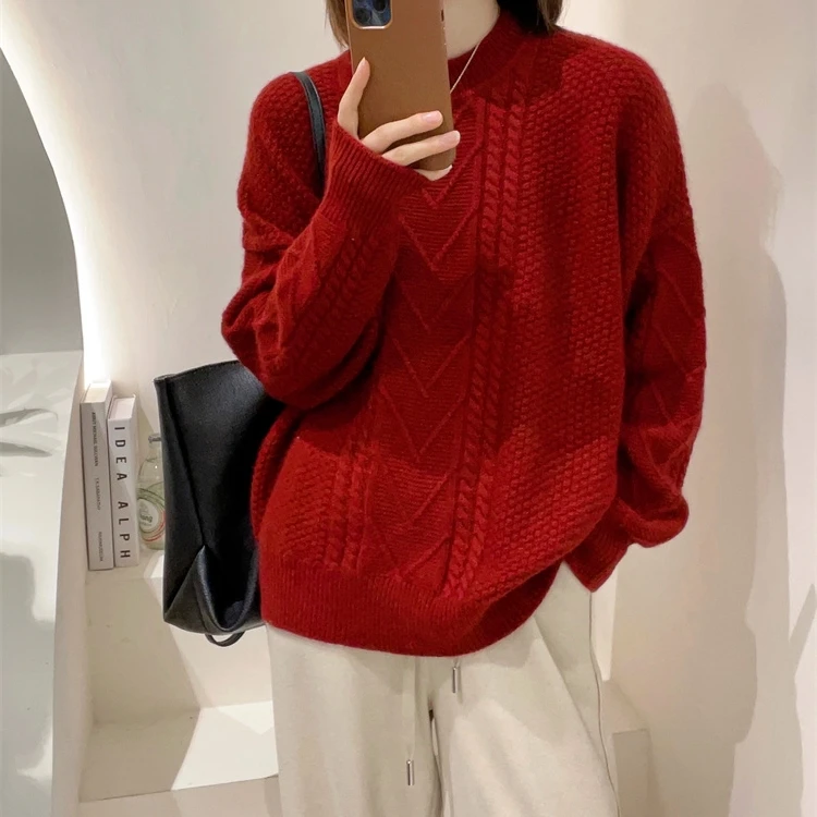 

New round neck thickened 100% pure cashmere sweater loose knit sweater women's high-end thick needle bottoming