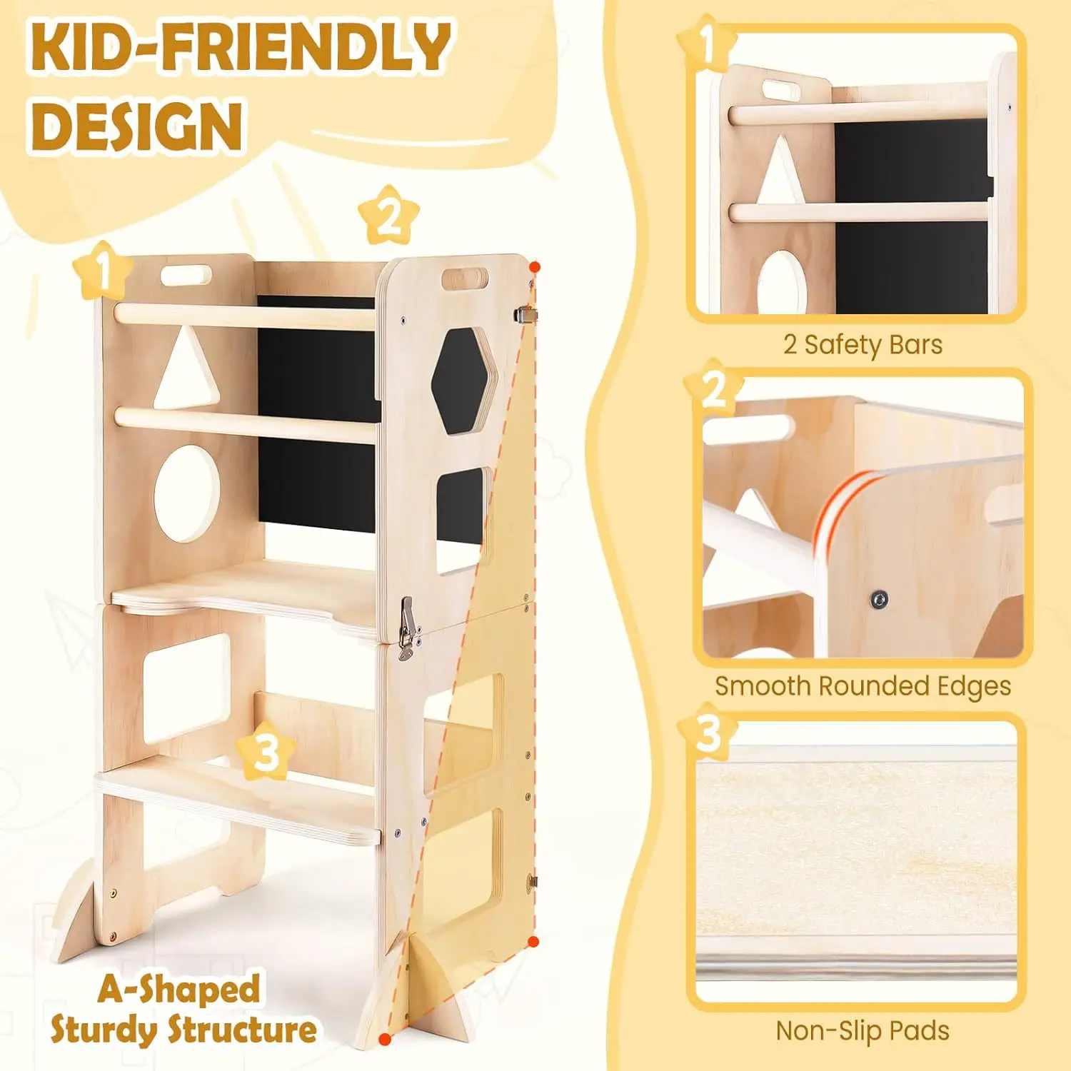 Foldable Solid Wood Learning Tower Household Kids Standing Stool, Multi‑Function Kitchen Washing Dining Chair for Children Home