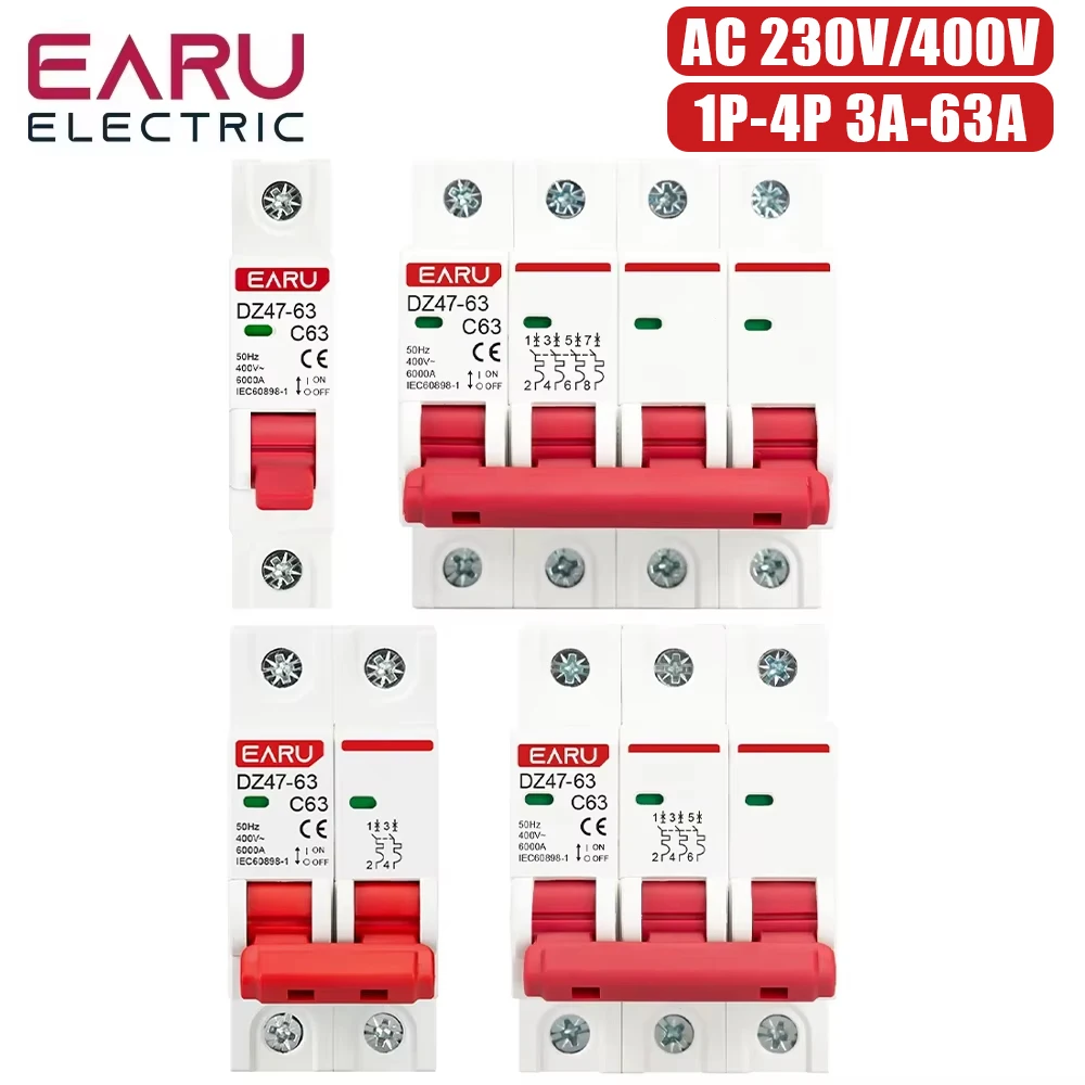 Wyłącznik automatyczny DZ47 1P 2P 3P 4P 3A-63A AC 230V 400V Typ C, mini wyłącznik obwodu (MCB), zabezpieczenie przed przepięciem i przeciążeniem, montaż na szynę DIN, zdolność wyłączania.