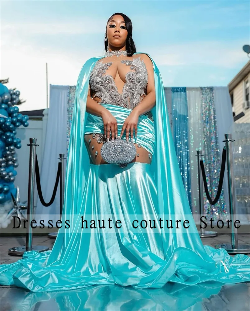 Luxury Sky Blue Mermaid Prom Dresses Black Girls 2024 Sliver Crystals Rhinestones With Cape Evening Dresses Wedding Party Dress