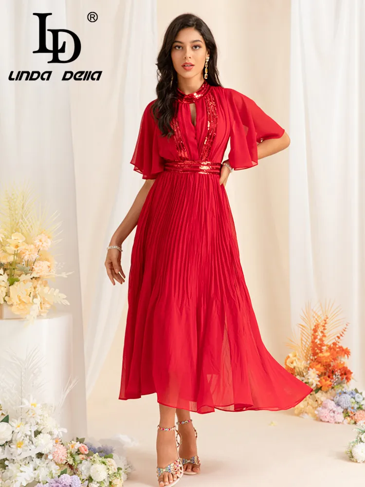 LD LINDA DELLA Big Swing 2024 Summer New European Goddess Fan Nail Beaded Beach Romantic Stand Collar Waist Long Dress