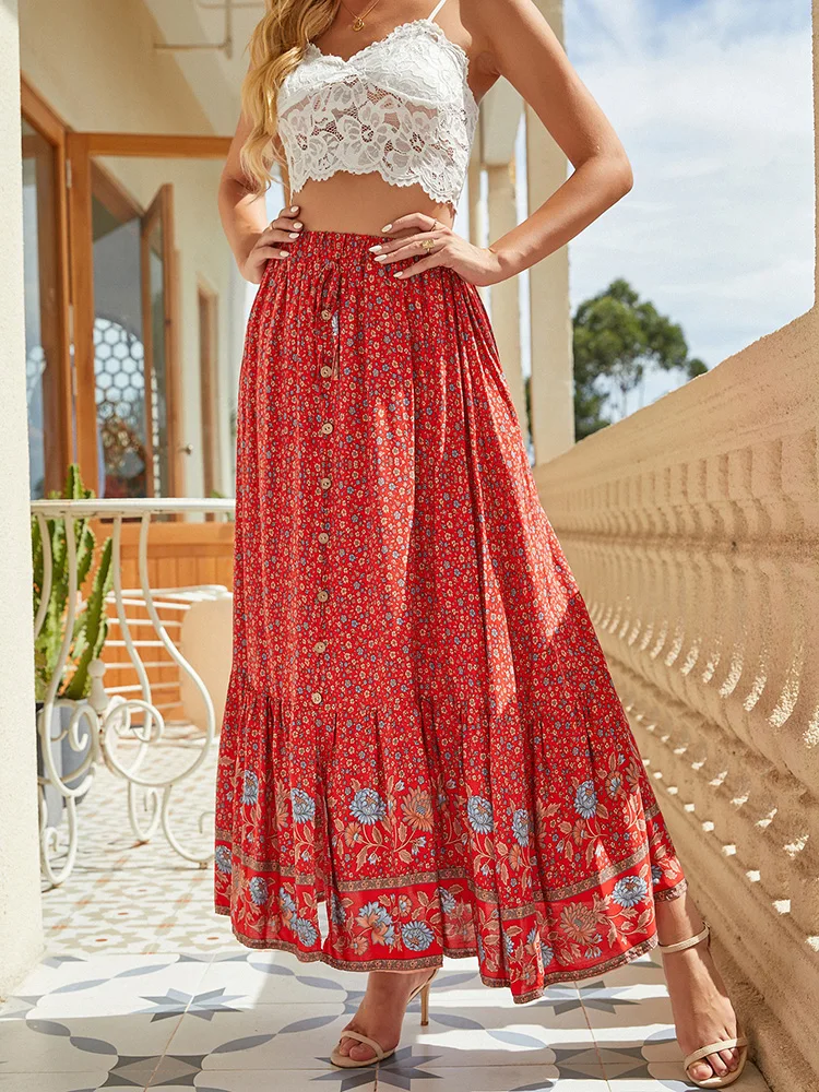 Bohemian Maxi Rock Frauen Sommer Floral Strand Rüschen Rock Kausalen Lose Spitze Up Baumwolle Gedruckt Urlaub Große Schaukel Rock