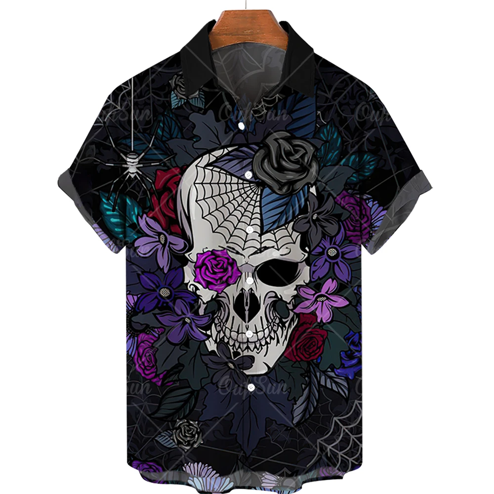 

3D Printed Skull Hawaiian Floral Casual Shirts For Men Halloween Summer Short Sleeved Oversize Social 5XL Gift Imported Clothing