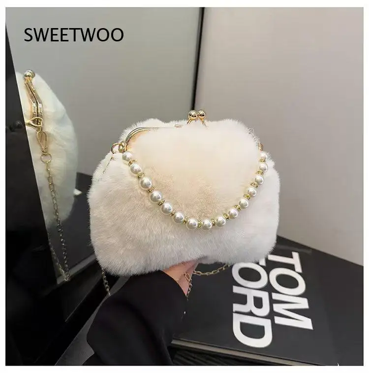 Elegant Women Pearl Handle Fur Crossbody Bag Kiss Lock Closure Removable Chain Dating Evening Purse