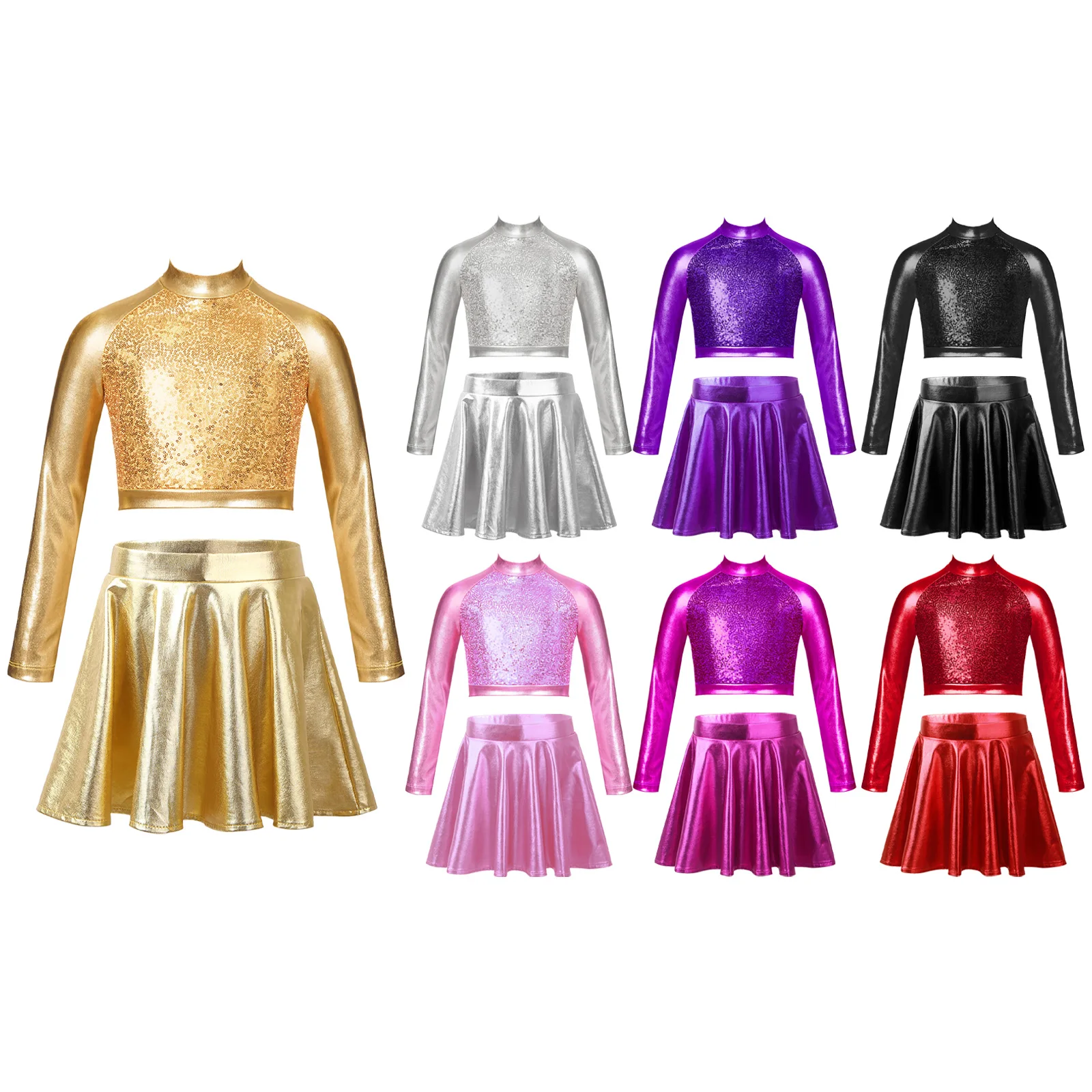 Kids Girls Latin Jazz Dance Outfit Metallic Long Sleeve Sequin Crop Top with Skirts Figure Skating Stage Performance Dancewear