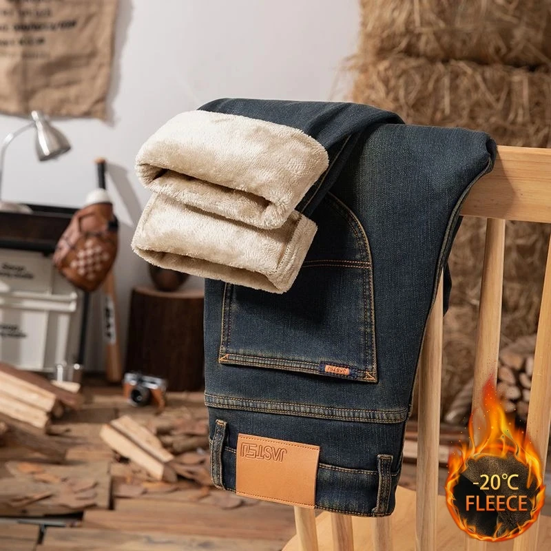 

PlushWinter флисовые джинсы мужская одежда утолщенные модные плюшевые брюки брендовые деловые прямые теплые эластичные джинсы