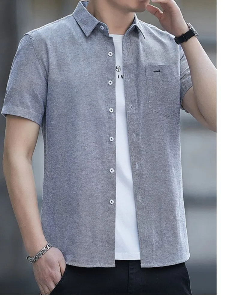 Solid Cotton Shirt men\'s short-sleeved Summer Cotton Loose Business Brand plus-size Top Cool Brand New Blue White