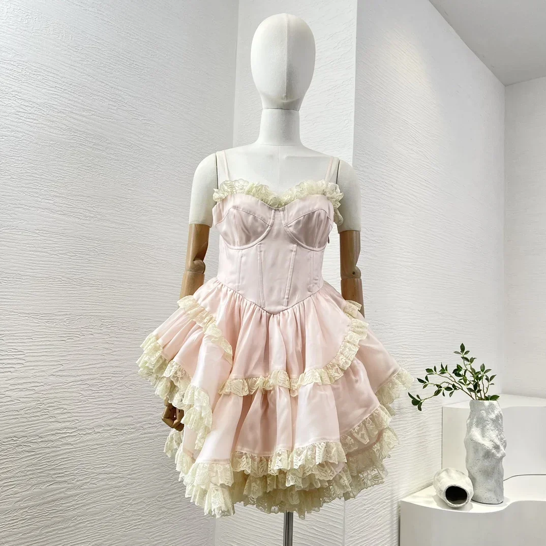 

2024 New High Quality Summer Pink Sleeveless Lace Patchwork Puffy Plaet Sweet Elegant Women Mini Dress for Party Birthday