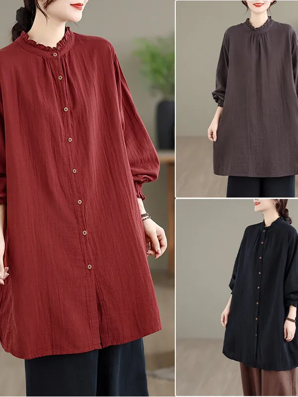 

Ретро-кардиган с длинными рукавами и воротником-стойкой для женщин больших размеров, удобный, дышащий, из хлопка, свободного кроя, осенний