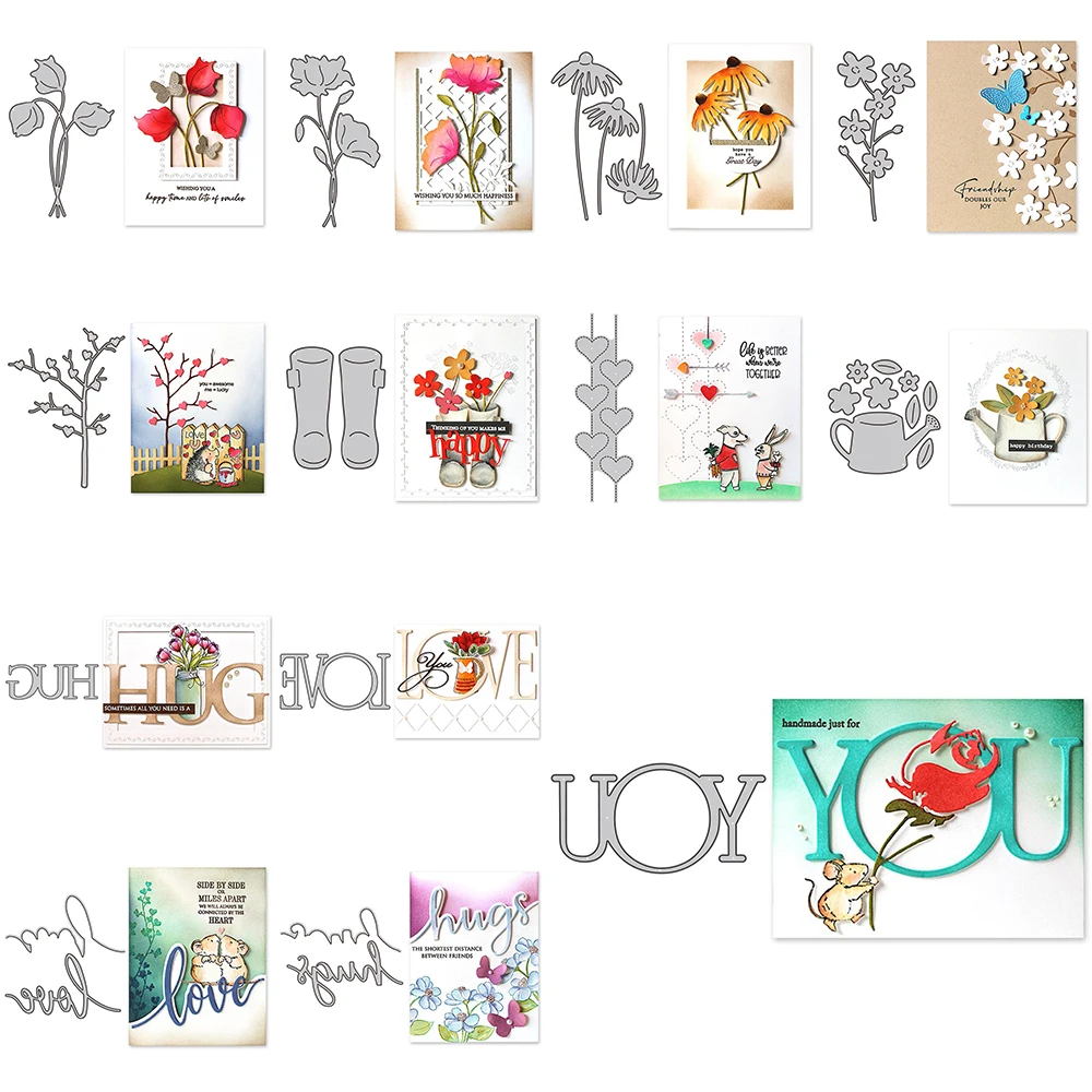 Elegant Floral Sprigs Metal Cutting Dies Love You Hug Words Love Heart Strings Die Cut Mould DIY Scrapbooking Craft Card 2025