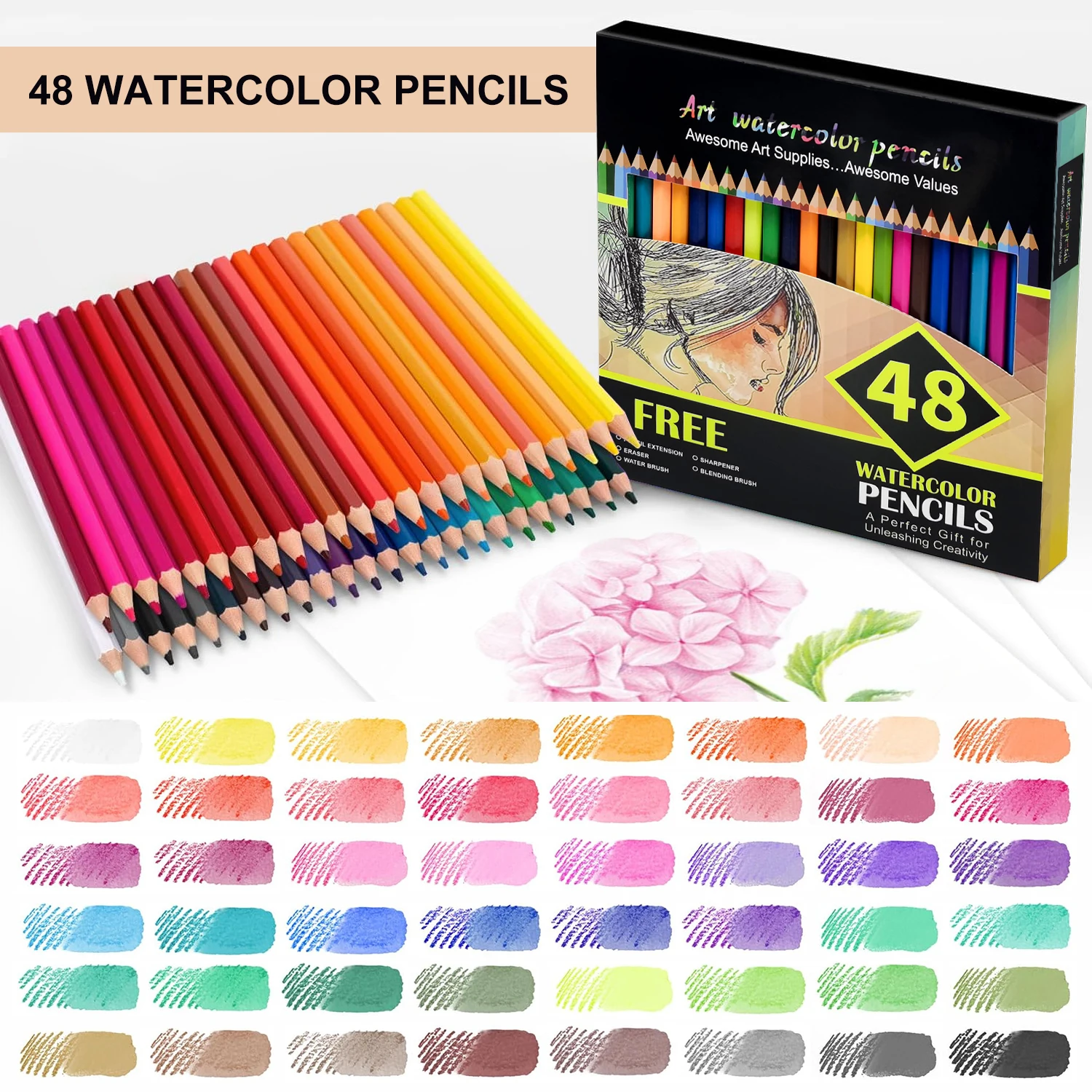 Watercolor Pencils, Set of 48 Professional Colored Pencils for Adult and Teens, Premium Art Supplies for Coloring, Blending and