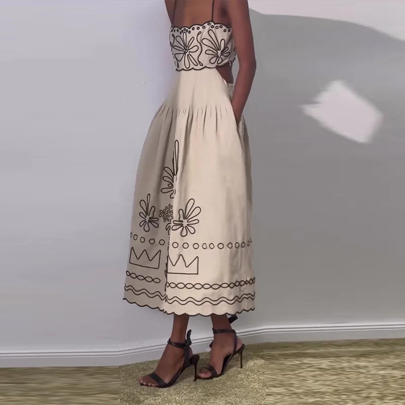 Vintage Embroidery Women Sling Dress Sexy Hollow Out Sleeveless Backless Wave Hem Lady Dresses 2024 New Summer Beach Ladies Robe