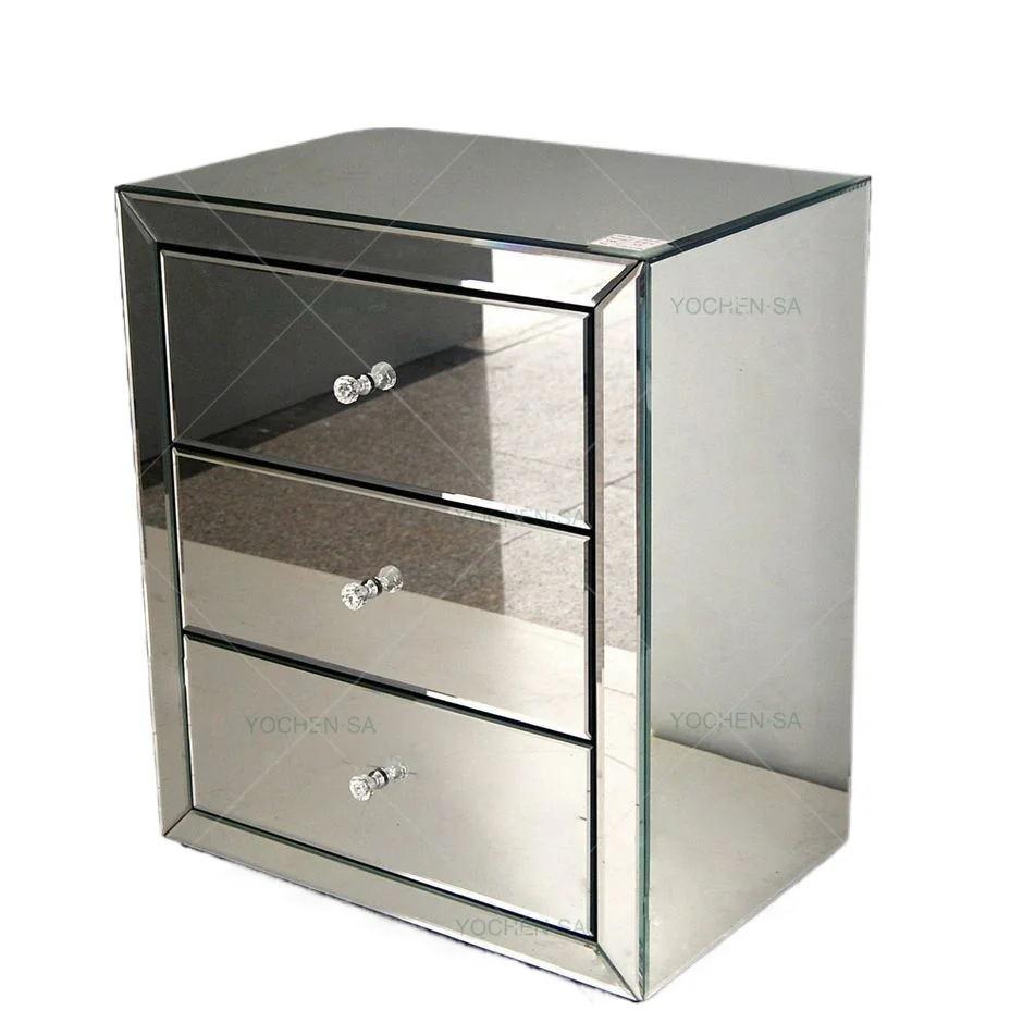 Contemporary Bedside Table with Venetian Mirrored Glass Solid Wood Living Room Furniture for Home or Hotel Use