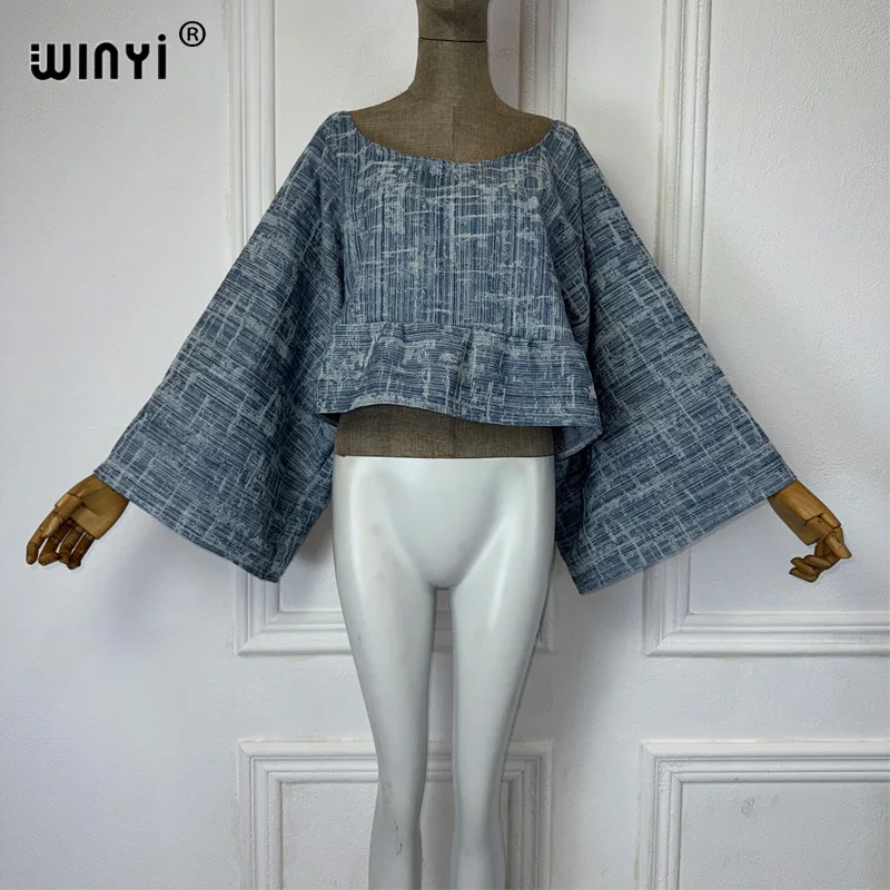 WINYI new Original Ultra-short sexy long-sleeved denim top Fashion Africa Womens holiday Casual Maxi clothing