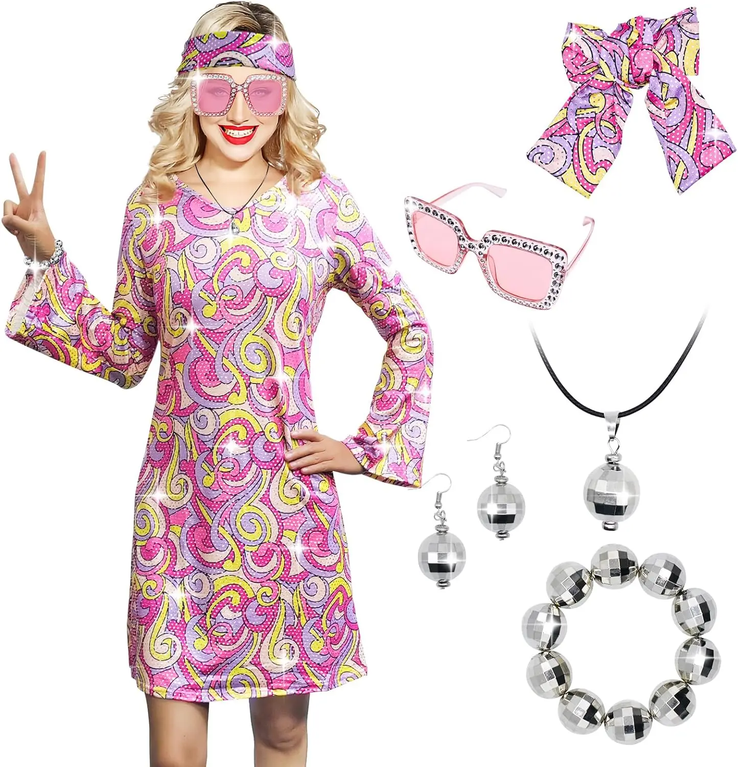 70s Women Disco Dress Hippie Costumes Necklace Earrings Glasses, 60\'s 70\'s Birthday Outfits, 1970s Prom Bling Dress