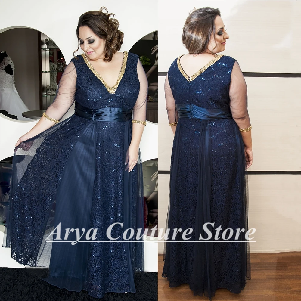 Plus Size Dark Blue Mother of the Bride Dress Elegant V-Neck 3/4 Sleeve Lace Sequined Custom Made Groom Gown for Wedding Guest