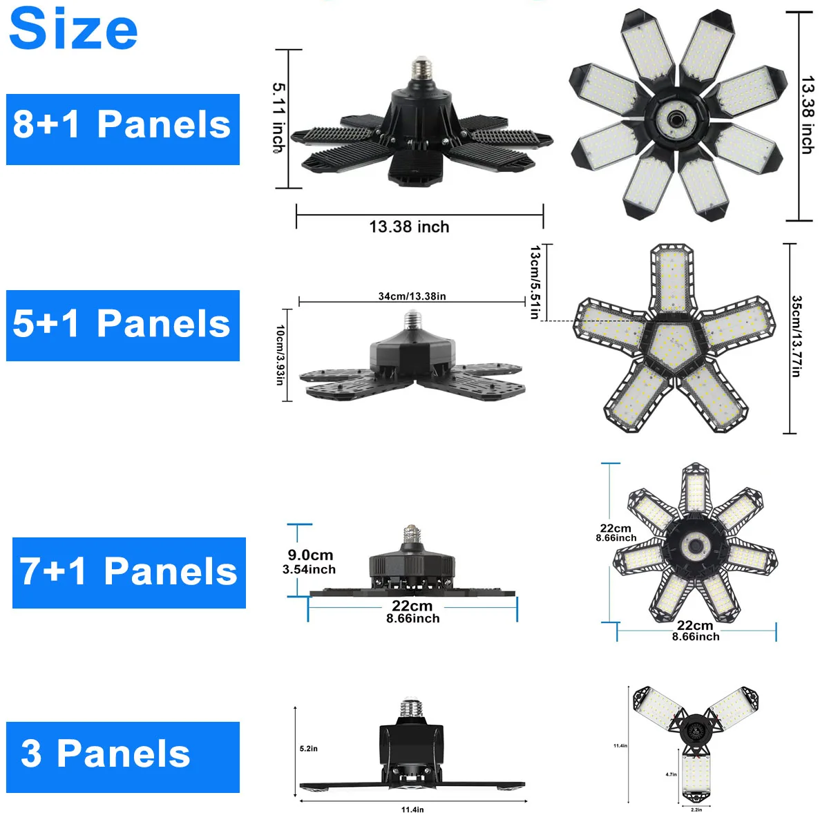 Deformable LED Bulb Garage Light with 3/5/8 Adjustable Panel LED Shop Night Lamp for Workshop Warehouse E26/E27 Ceiling Lighting