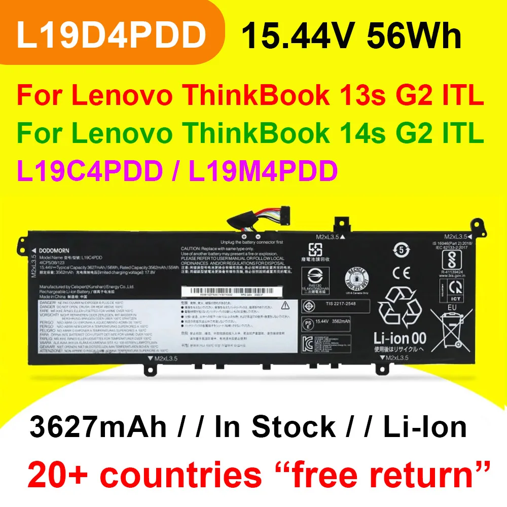 

Аккумулятор L19D4PDD L19M4PDD L19C4PDD для ноутбука Lenovo ThinkBook 13S 14S G2 ITL Series SB10Z37618 5B10Z37619 15,44 в 56 Втч 3627 мАч