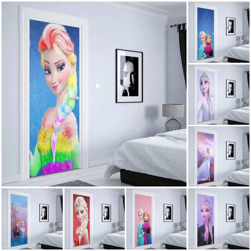 Disney Frozen Elsa Anna graffiti Door sticker Aesthetic Nursery Kids Room Home decor Wall art Door decoration Wall Sticker HD